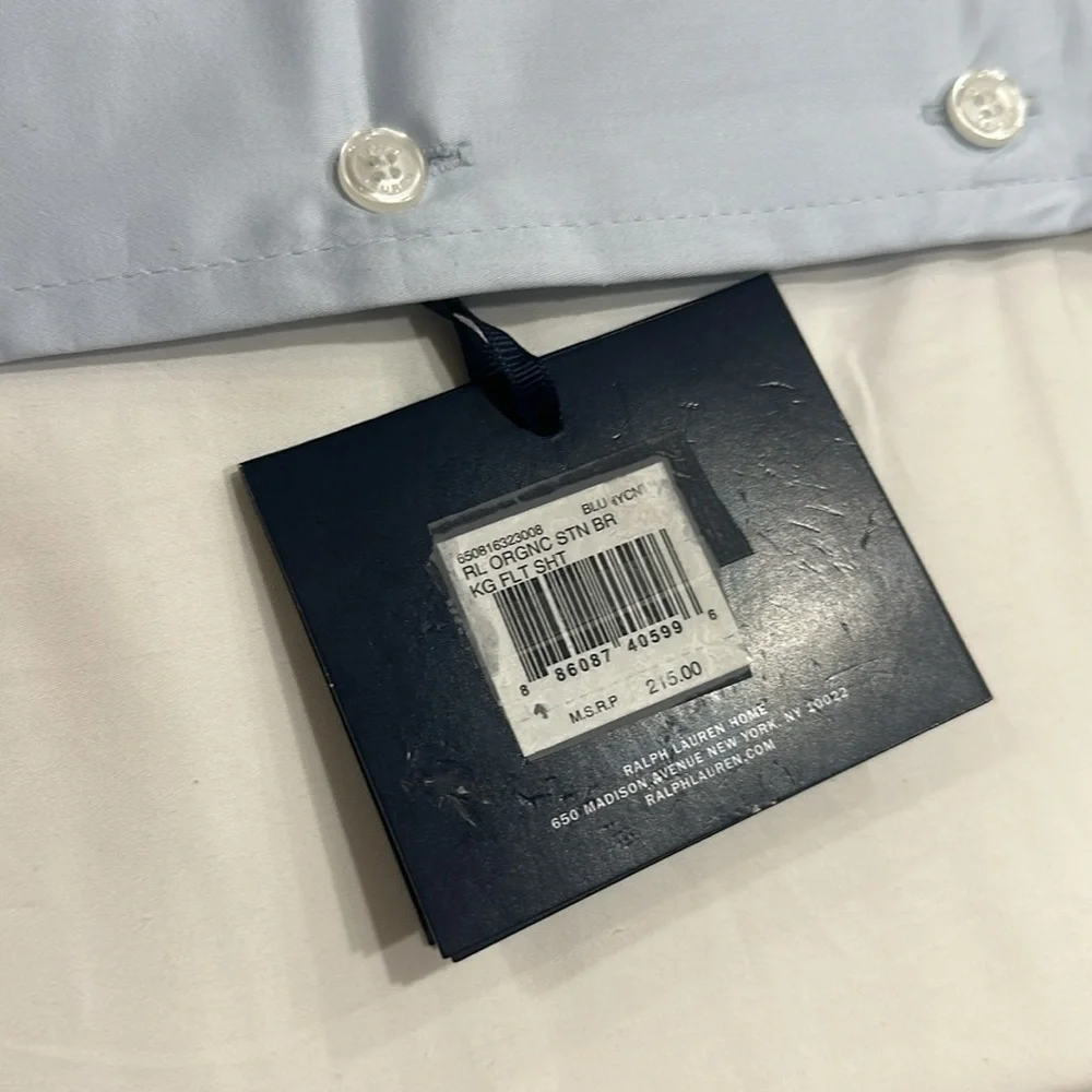 Ralph Lauren RL Organic Sateen Border King Flat Sheet Blue NWT $215